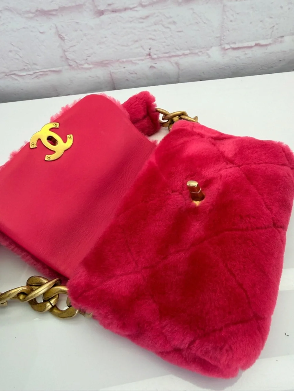Chanel Shearling Hot Pink Quilted Flap Fur Shoulder Bag